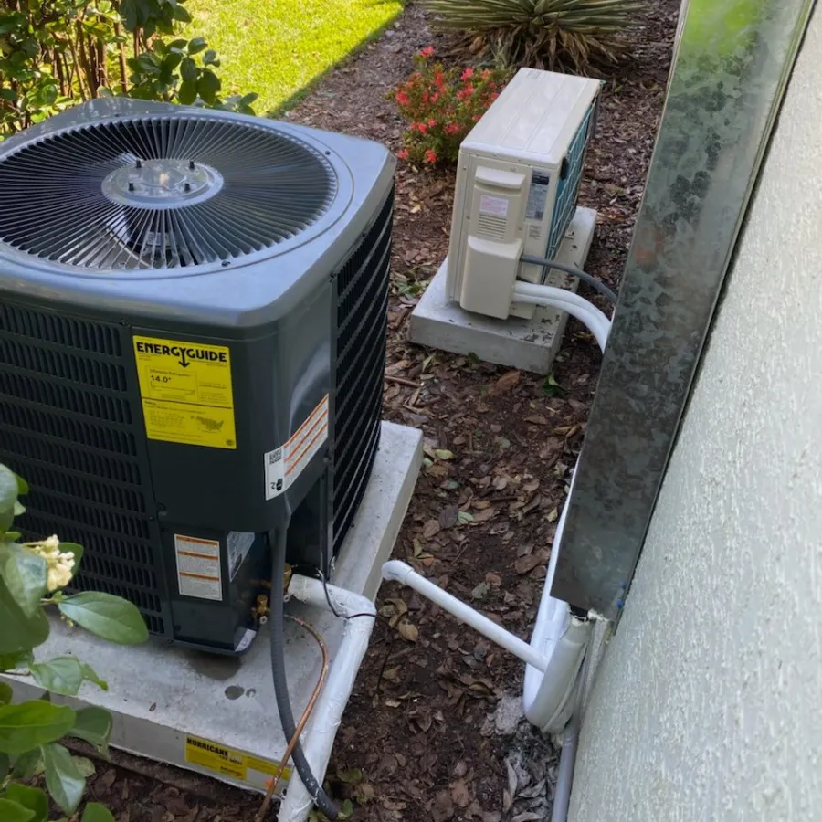 A new outdoor unit and a mini-split condenser beside a house